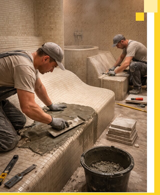 Лежаки для хамама под ключ в Астрахани, проект и монтаж